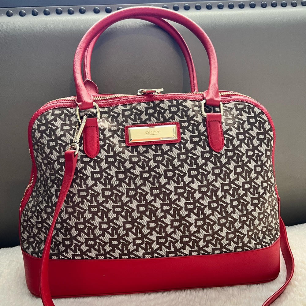 DKNY Satchel Handbag Purse Brown Red Logo Print